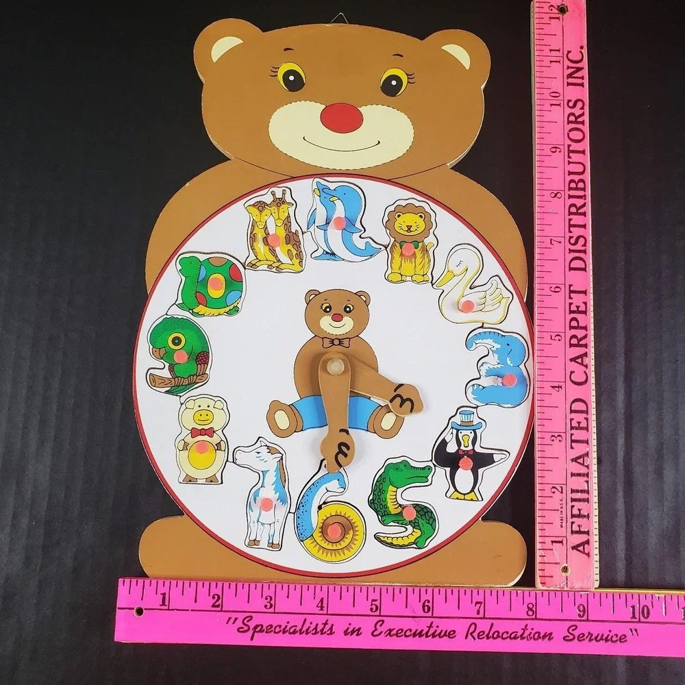 Vintage Wooden Teddy Bear Puzzle Removable Animal Shaped Numbers, Movable Hands